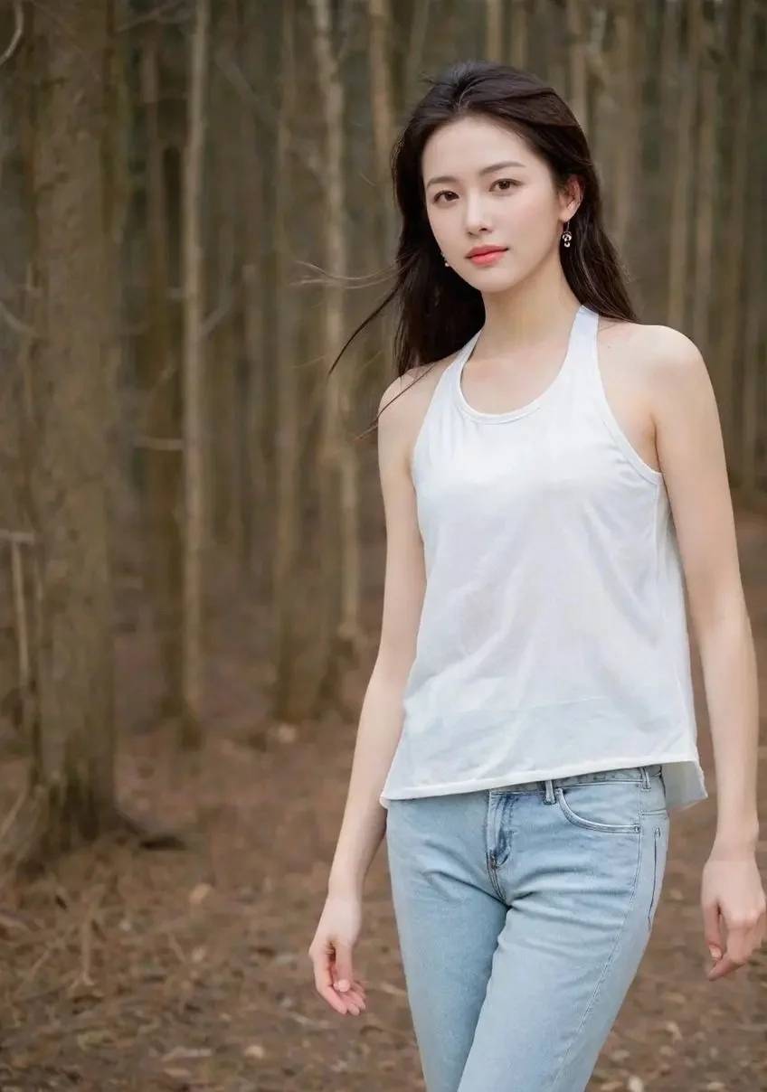 白色小吊帶搭配牛仔褲，曼妙的身姿，十分迷人